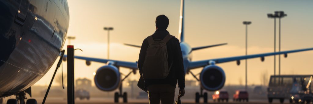 Persona caminando hacia avión de pasajeros, mostrando que el Diplomado en Derecho Internacional Aeronáutico y Espacial es para todo perfil aeronáutico.