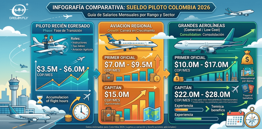 Infografía comparativa de salarios mensuales de pilotos en Colombia por rango y sector, detallando ingresos para pilotos recién egresados, regionales y de grandes aerolíneas.